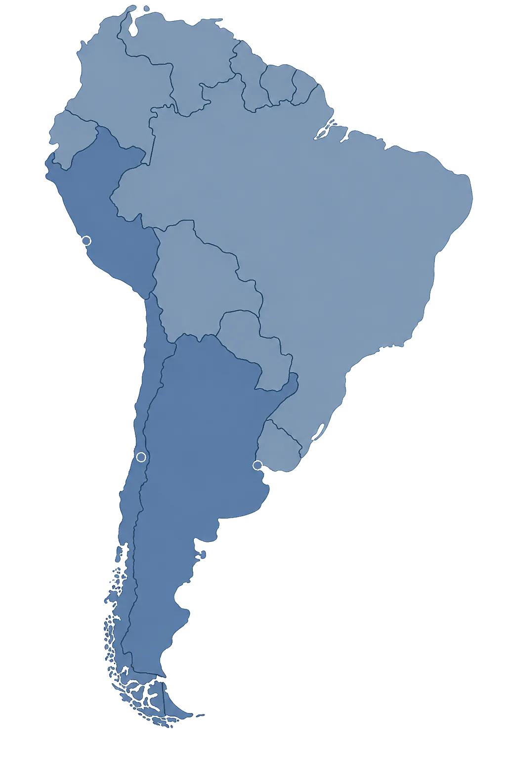 Mapa de Sudamerica con Peru, Chile y Argentina destacados